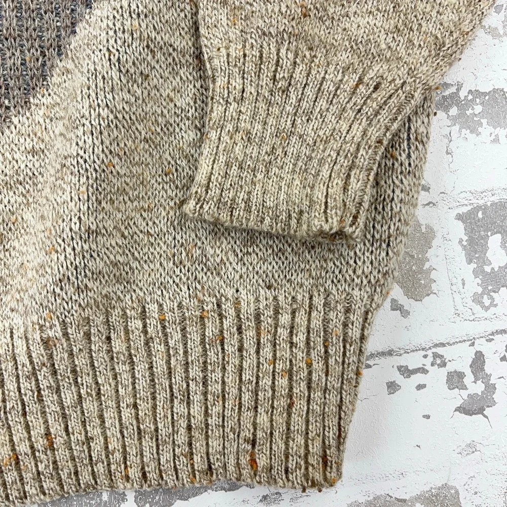 Vintage Grandpa Sweater Men XL Tan Blue Woll Blend Knit V Neck 90s Diamond - Picture 4 of 10